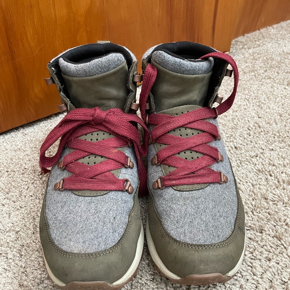 Stylish Gray and Olive Sneakers with Red Laces